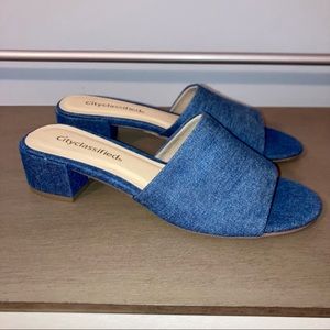 CityClassified Faux Denim Slip-on Chunk Heel Sandal, sz 7.5